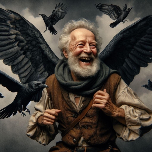 67 year old laughing man with white hair and beard and wings flying with crows